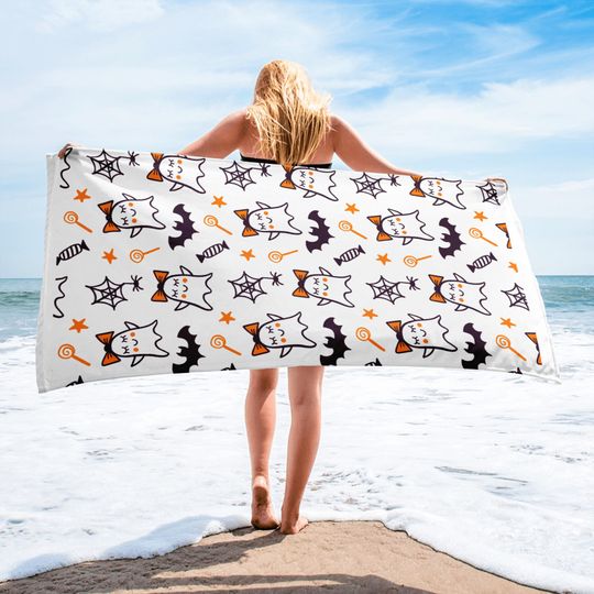 Girls Halloween Beach Towel: Ghost, Bat & Pumpkin Design