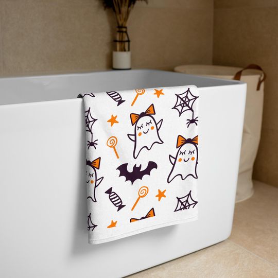 Girls Halloween Beach Towel: Ghost, Bat & Pumpkin Design