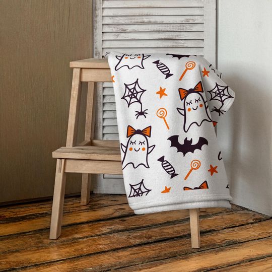 Girls Halloween Beach Towel: Ghost, Bat & Pumpkin Design