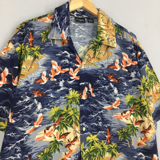 Vintage Guess Hawaiian Aloha Tropical Rayon Button-Down Shirt