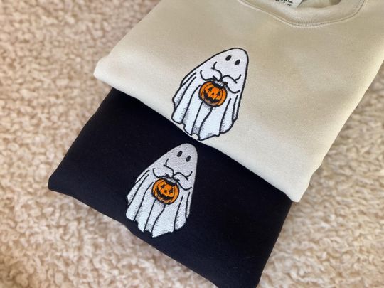 Ghost Embroidered Sweatshirt, Ghost Holding Pumpkin, Jack o Lantern Embroidery