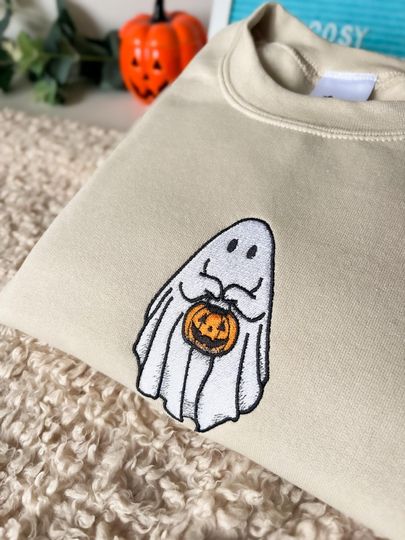 Ghost Embroidered Sweatshirt, Ghost Holding Pumpkin, Jack o Lantern Embroidery