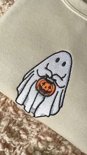 Ghost Embroidered Sweatshirt, Ghost Holding Pumpkin, Jack o Lantern Embroidery