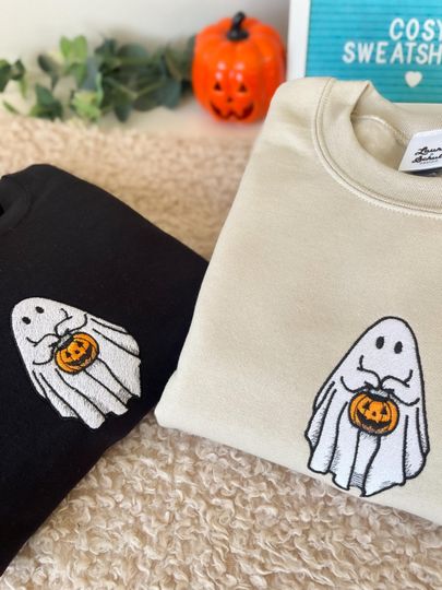 Ghost Embroidered Sweatshirt, Ghost Holding Pumpkin, Jack o Lantern Embroidery