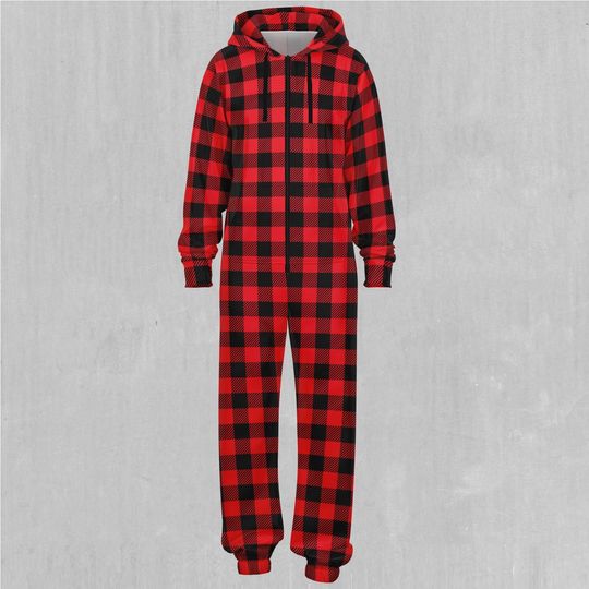 Red Checkered Plaid Adult  Zip Up Jumpsuit Pajamas