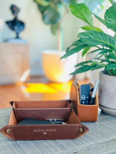 Personalized Hand Crafted Leather Office Desk Organizer, Custom Storage Tray