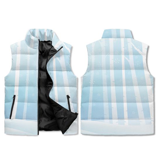Winter Tree Puffer Vest Unisex Light Blue Snowy Forest Print