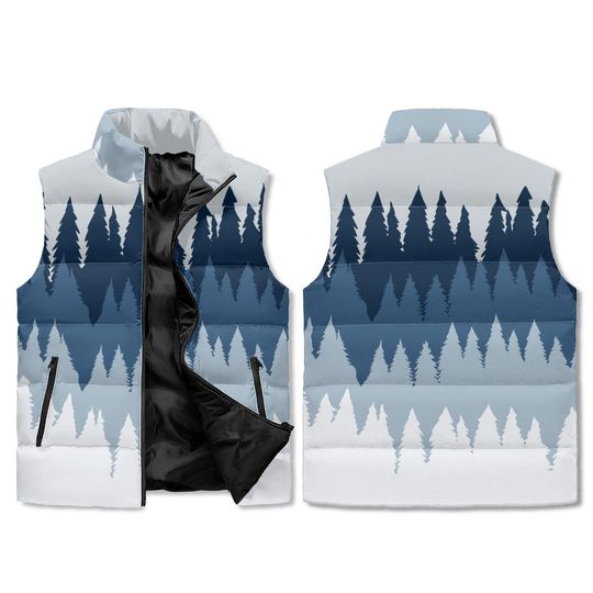 Blue Winter Forest Vest Gradient Pines AOP Zip Puffer Unisex Lightweight Outerwear