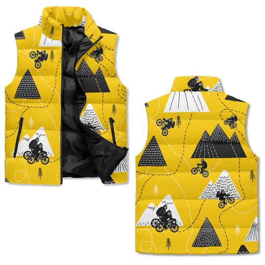 Yellow MTB Print Puffer Vest Unisex Mountain Bike Outerwear