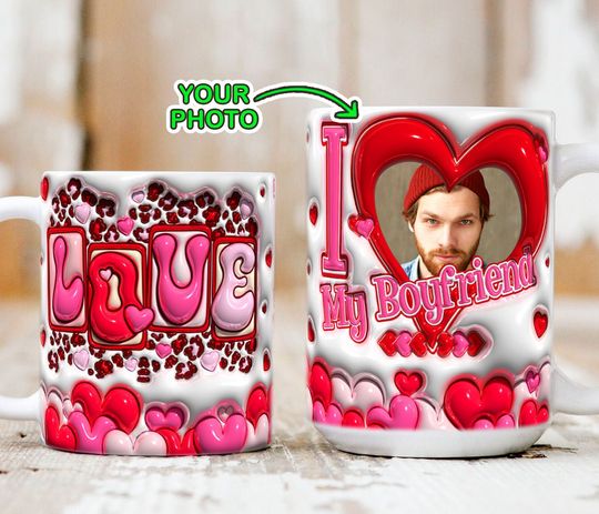 3D Inflated Custom Valentine Mug Wrap, 11oz 15oz Mug, Couple Mug, Add Your Photo,  Valentine Gift