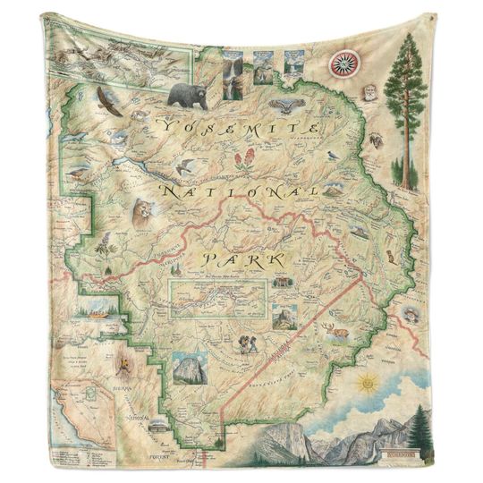 Yosemite National Park Map Fleece Blanket  - Soft, Cozy, and Warm Throw