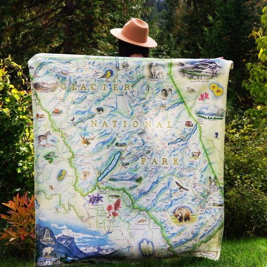 Montana's Glacier National Park Map Fleece Blanket-Soft, Cozy, and Warm Throw