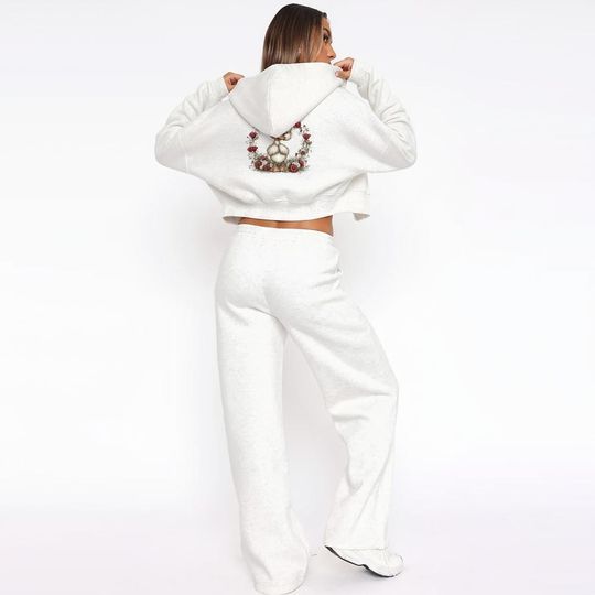 Womens Custom Fleece Tracksuit Set, Wide Leg Sweatpants, Cropped Zip-Up Hoodie, Streetweart Gift