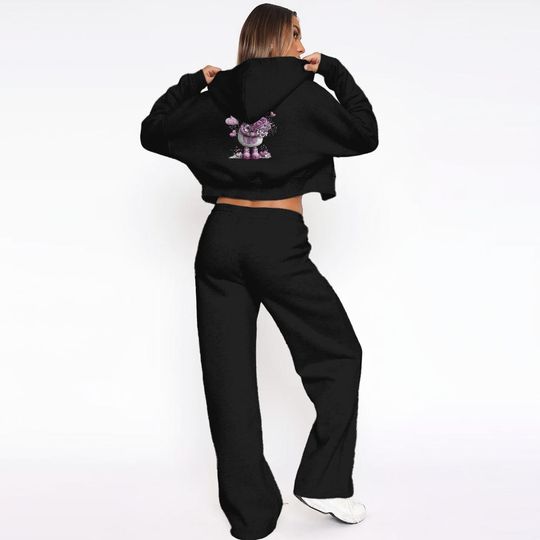 Womens Custom Fleece Tracksuit Set, Wide Leg Sweatpants, Cropped Zip-Up Hoodie, Streetweart, Gifts