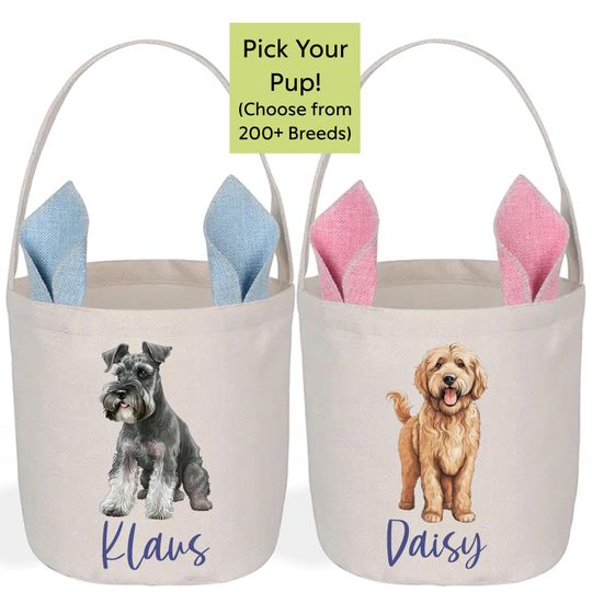 Personalized Easter Basket with Bunny Ears, Custom Dog Breed Tote, Kids and Pet Gift, Easter Egg Hunt Bag