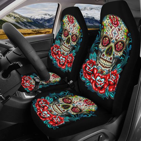 Rose sugar skull seat cover for car, floral sugar skull Seat Covers mat for car skull seat cover rug mat for car candy skull car seat covers