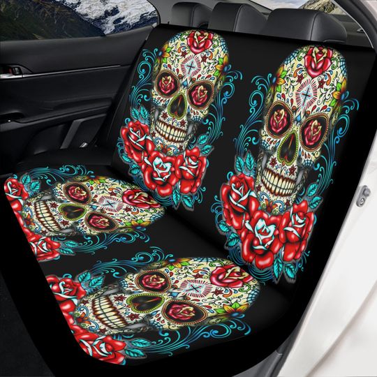 Rose sugar skull seat cover for car, floral sugar skull Seat Covers mat for car skull seat cover rug mat for car candy skull car seat covers