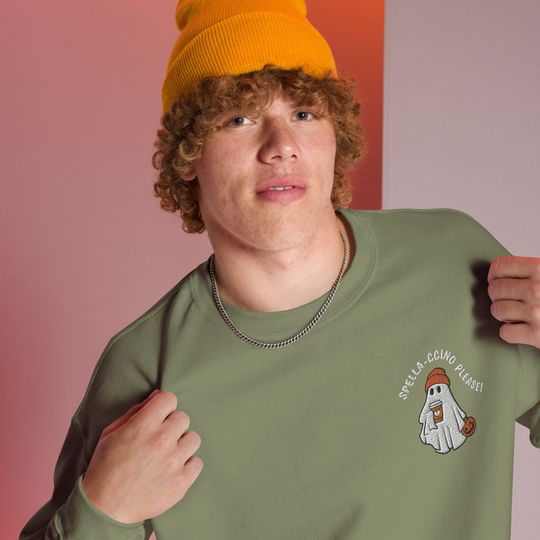 Halloween Ghost Embroidered Sweatshirt, Spella-ccino Coffee Sweatshirt, Cute Ghost
