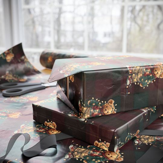 Traditional Bear Christmas Plaid Wrapping Paper Holiday Gift Wrap Tartan Gift Wrap Green Christmas Gift Wrap Christmas Wrapping Paper Plaid