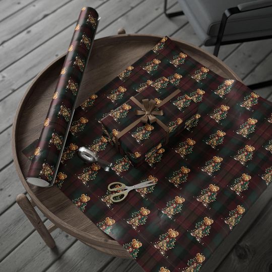 Traditional Bear Christmas Plaid Wrapping Paper Holiday Gift Wrap Tartan Gift Wrap Green Christmas Gift Wrap Christmas Wrapping Paper Plaid