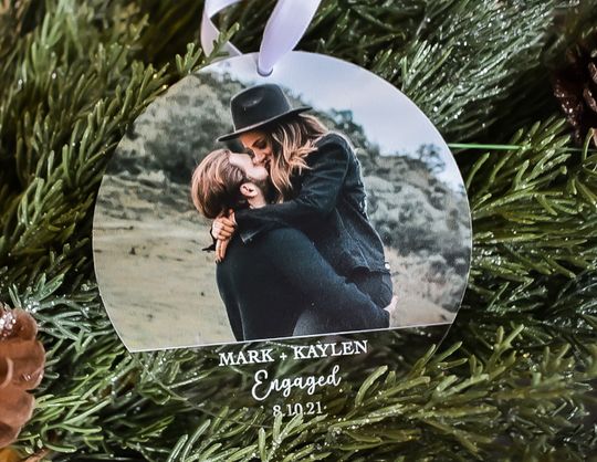 Personalized Engagement Ornament, First Christmas Engaged, Custom Acrylic Photo Ornament