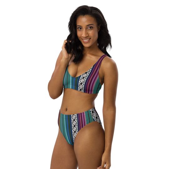 Mexican Aztec Recycled High-Waisted Bikini - Boho Two Piece Swimsuit - Women