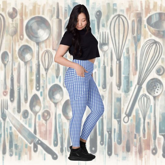 Swedish Chef Leggings | Muppet Inspired Blue Gingham Pattern Pocket Recycled Costume Pants