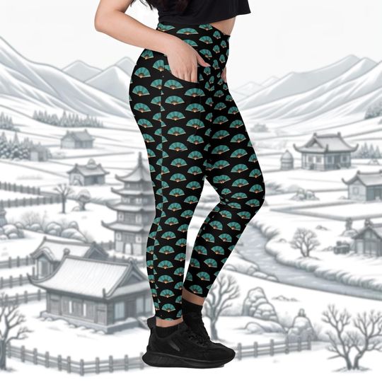 Green Fans Leggings | Mulan Inspired Pocket Yoga Pants | Chien-Po Pace Fan Logo Matching Outfit