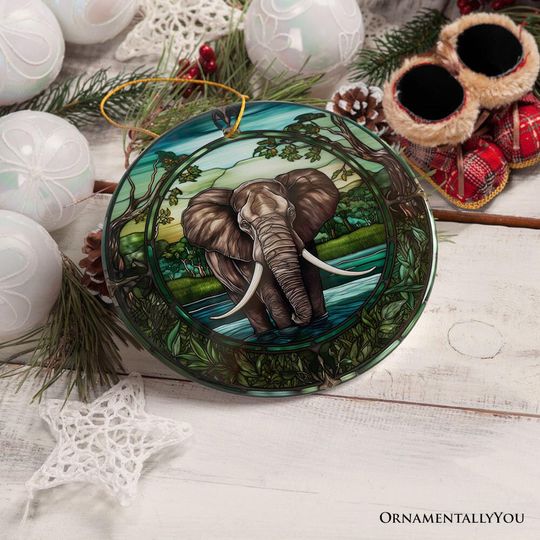 African Pachyderm Elephant Stained Glass Style Ceramic Ornament
