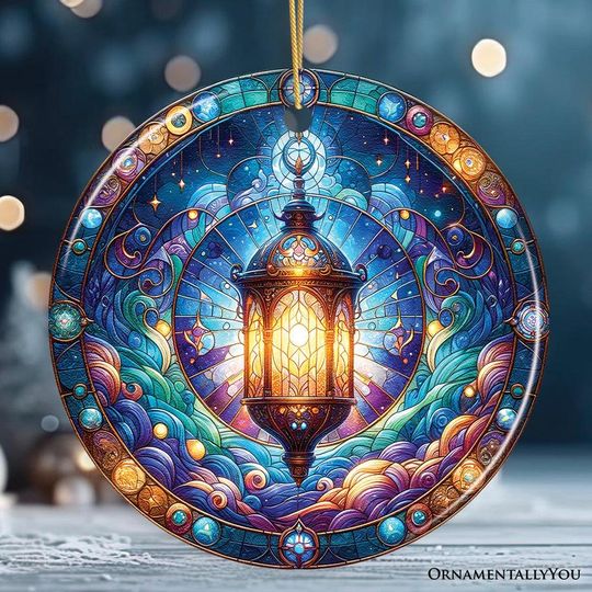 Illustrious Lantern Stained Glass Style Ceramic Ornament
