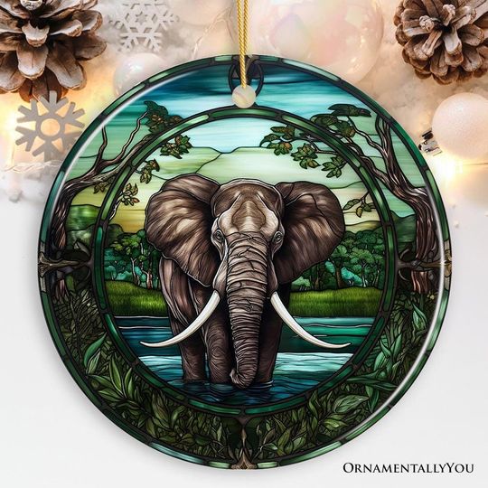 African Pachyderm Elephant Stained Glass Style Ceramic Ornament