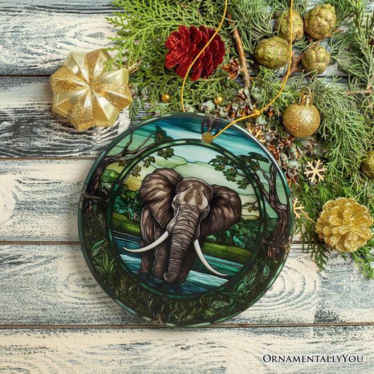 African Pachyderm Elephant Stained Glass Style Ceramic Ornament