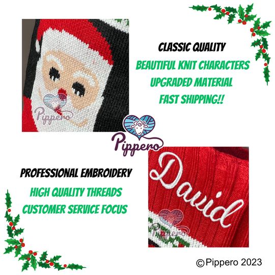 Personalized Custom Embroidered Monogramed Family Knit Christmas Stockings Socks with Santa Deer Train Gingerbread Snowman Mrs. Claus
