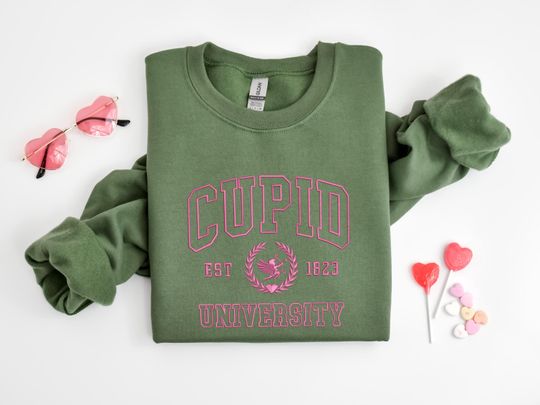 Embroidered Cupid University Sweatshirt, Cute Valentine's Day, Funny College Sweatshirt, Love Crewneck Sweatshirt, Embroidered Cupid Sweater