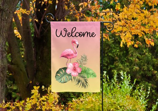 Flamingo Tropical Flowers Welcome Garden Flag