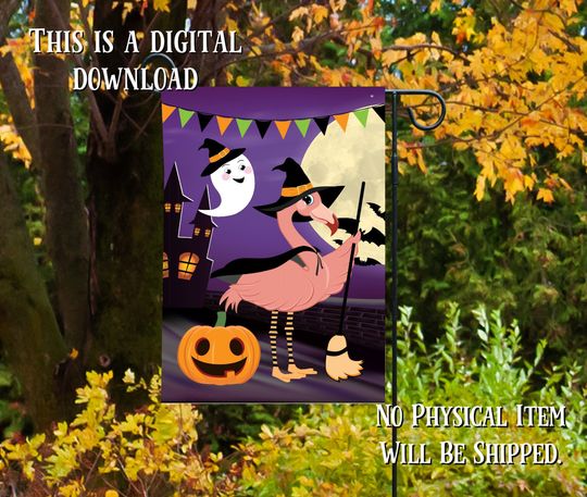 Flamingo Witch Halloween Garden Flag Sublimation Design Template
