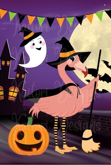 Flamingo Witch Halloween Garden Flag Sublimation Design Template