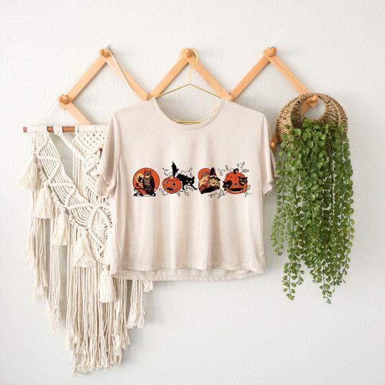 Halloween Crop Top with Pumpkin, Witch, Black Cat Designs for Women