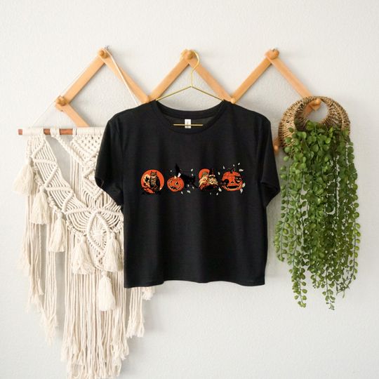 Halloween Crop Top with Pumpkin, Witch, Black Cat Designs for Women