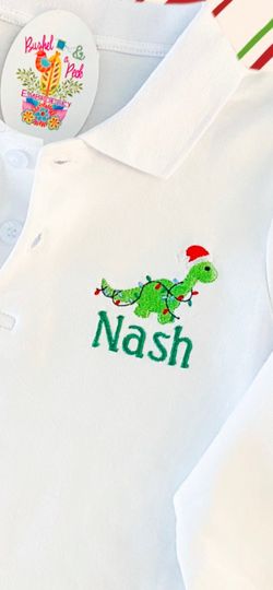 Embroidered Boys Christmas Dinosaur Polo, Boys Long Sleeve Polo, Toddlers Polo, Embroidered Boys Shirt, Boys Holiday Gift