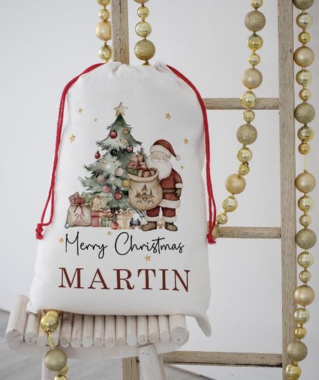 Personalised Santa Sack  Traditional Christmas Drawstring Gift Bag