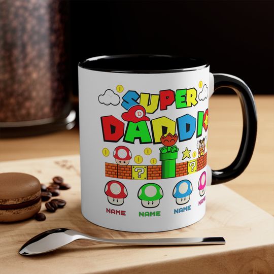 Personalized Super Daddio Game Mug, Custom Kids Name Dad Mug, Super Daddio Mug