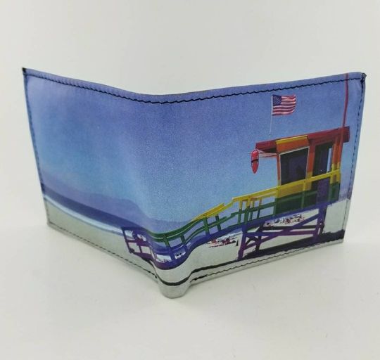 Venice Lifeguard Station Leather Bifold Wallet with ID Sleeve and Laser Printing