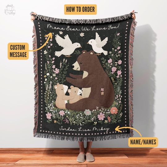 Custom Mom Gift, Blanket Present From Kids, Mama Bear Woven Throw, Personalized Message Woodland Tapestry, Cottagecore Picnic Blanket