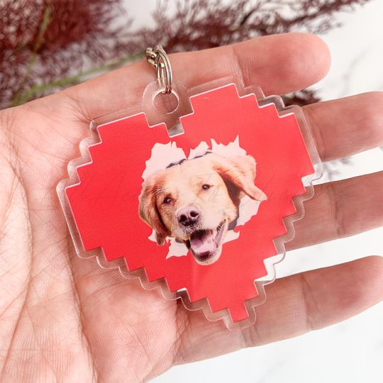 Red Heart Pet Photo Keychain, Custom Face Acrylic Keyring, Men Keychain, Passing Away Gift, Pet Portrait Gift, Pet Lover Valentines Day Gift
