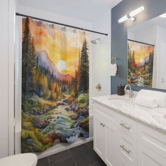 Mountain Sunset Forest River Watercolor-Inspired Design Nature Scenery Shower Curtain