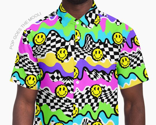 Trippy Smiley Novelty Button Down Up Shirt  Hawaiian