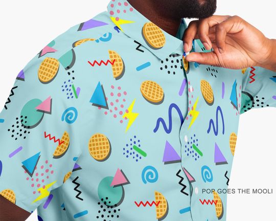 Retro Waffle Novelty Button Down Up Shirt -