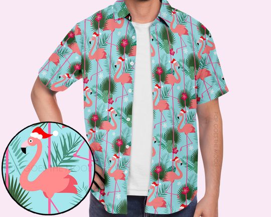 Christmas Flamingo Novelty Button Up Down Hawaiian Shirt -