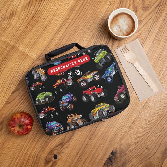 Personalized Monster Trucks Lunch Bag, Back to School Lunch bag